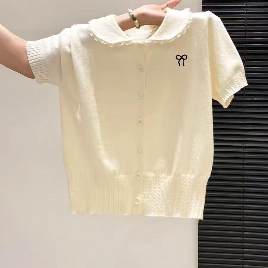 Summer New Style Bow-knitted Cardigan Casual Versatile Top Sweet Style Baby Doll Collar Short-sleeved Knitted Sweater for Women