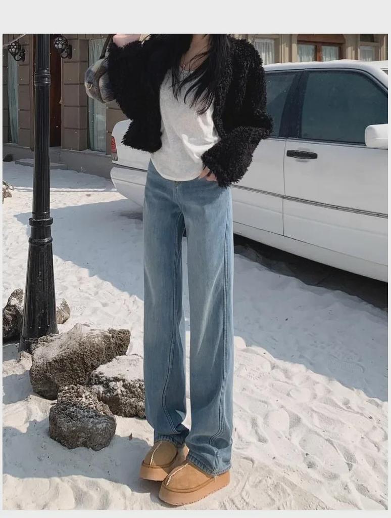 Women's High-Waist Wide-Leg Jeans with Velvet Lining - Autumn/Winter Slim Fit, Thick, and Warm Straight Trousers