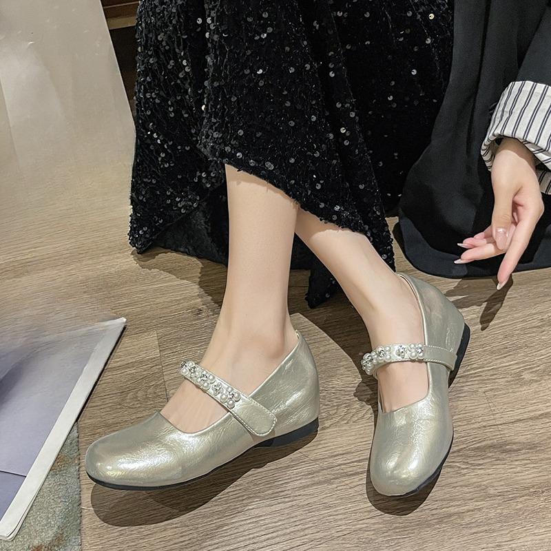 Fashion Inside Heightened Flat Single Shoes Autumn New Round Toe Shallow Slip Rhinestone Pearl Soft Sole Non-Slip Low Top Shoes