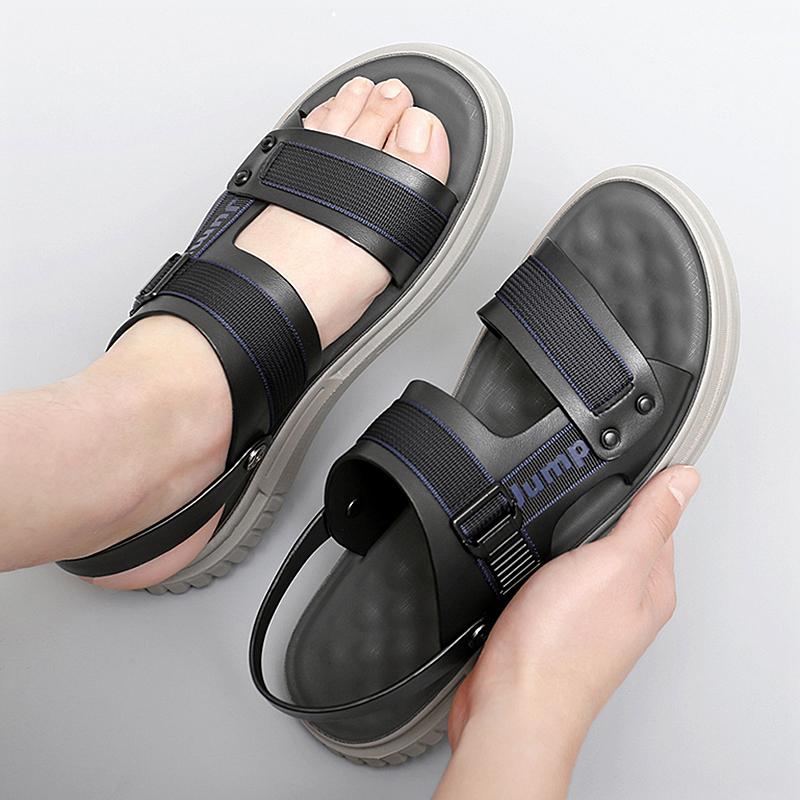 Men's Fashion Webbing Stitching Cowhide Outdoor Casual Beach Shoes Men Genuine Leather Beach Sandals Classics Trekking Footwear