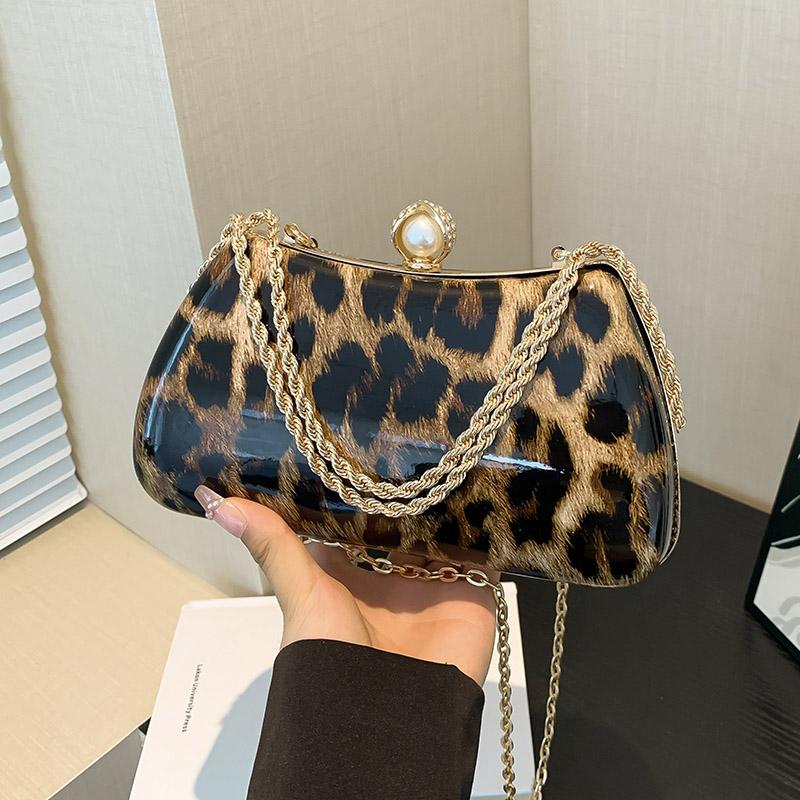 Kleine Leopard Halbmond Umhängetaschen für Damen Acryl PVC Koffer Luxus Metall Schultertaschen