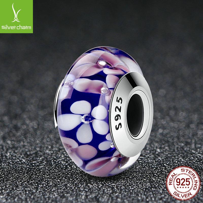 S925 Sterling Silver Pink Floral Lampwork Beads for DIY Bracelets