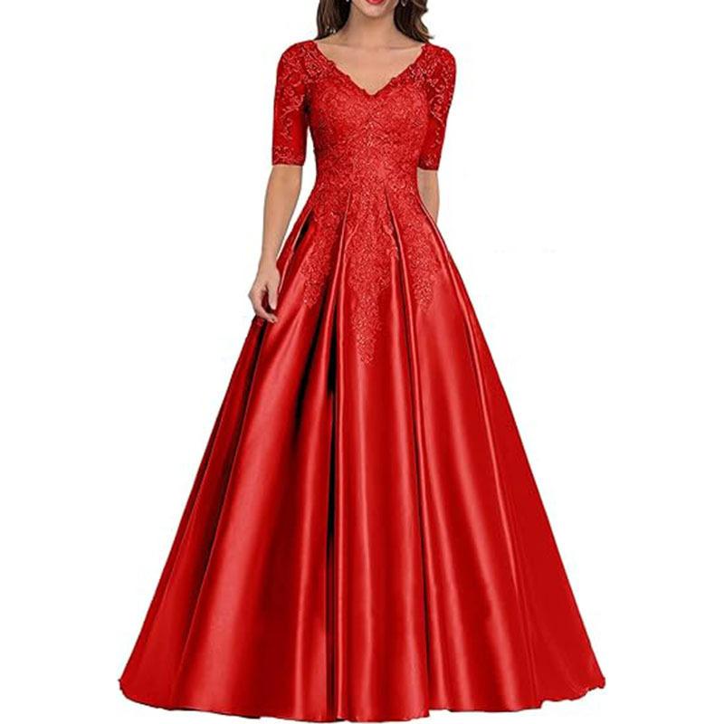New evening dress lace V-neck short-sleeved long dress temperament party host new dress