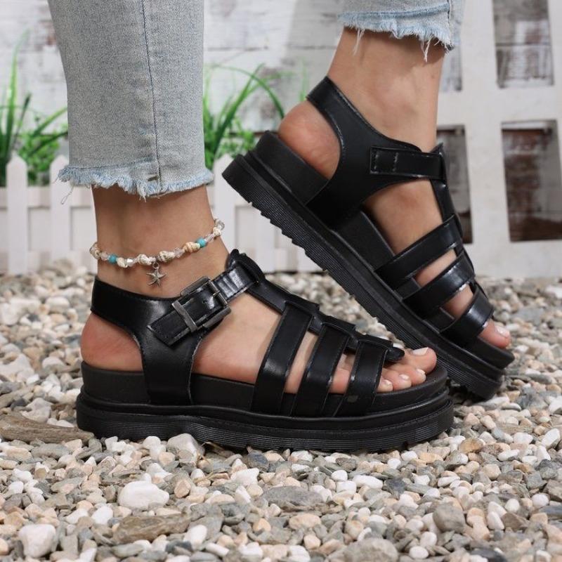 Women Sandals Thick Bottom Flat Roman Strap Beach Shoes for Women Summer 2025 Roman Style Sandals Platform Casual Flats Shoes