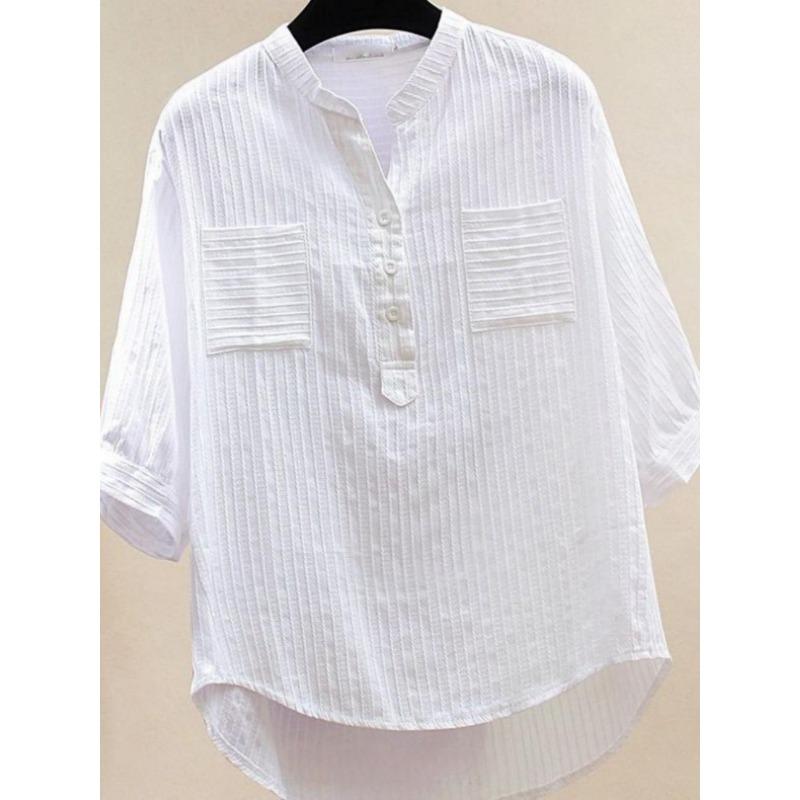 Plus Size Women White Loose Casual Round Neck Three Quarter Sleeve Shirt