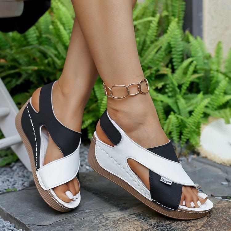 Texture Wedge Fashion Sandals for Girls, Thick Sole, Large Size, Color Blocked Velcro