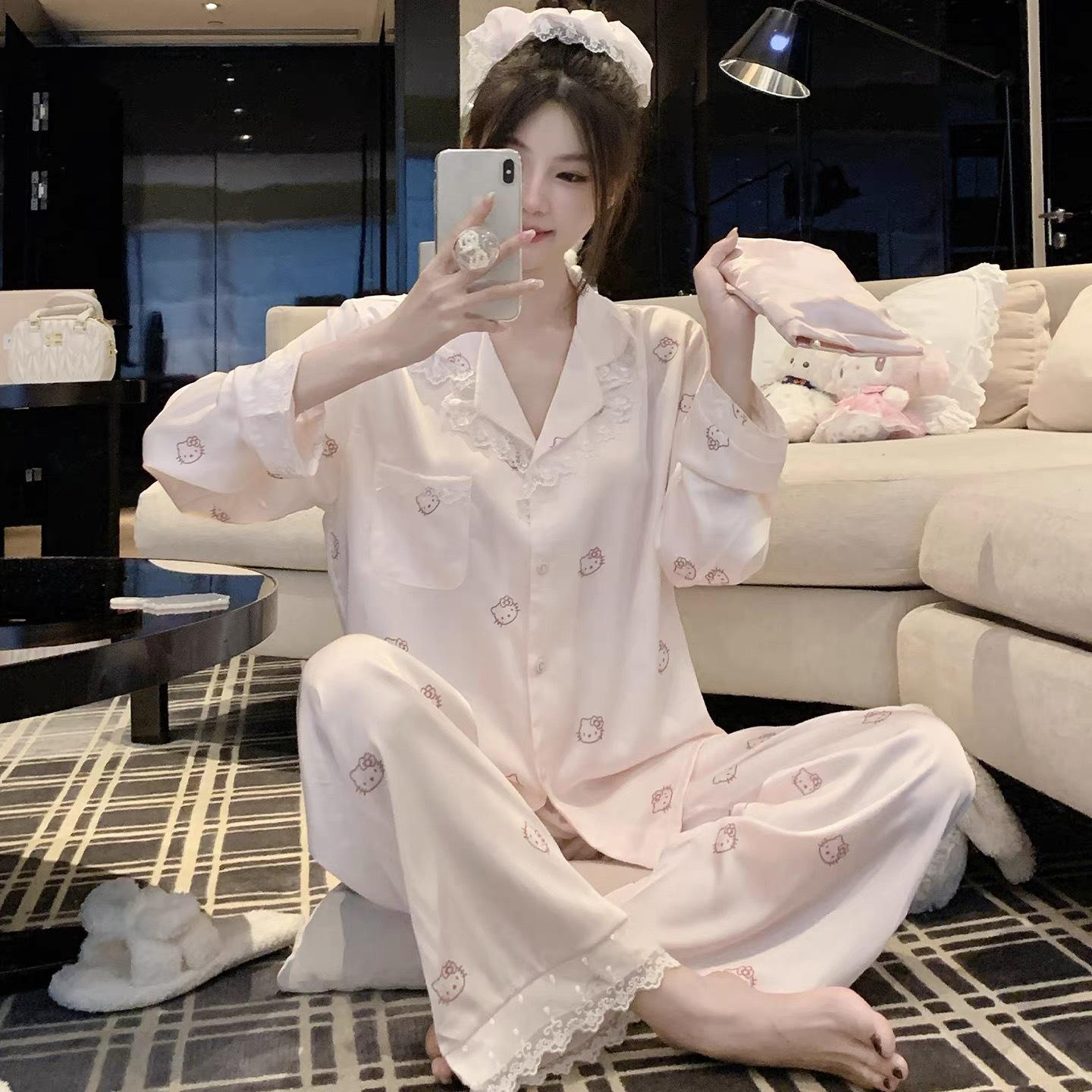 

Женский милый пижамный комплект с кружевом KT Cat - С длинным рукавом, Ледяной шелк, Для ношения весной и осенью Large