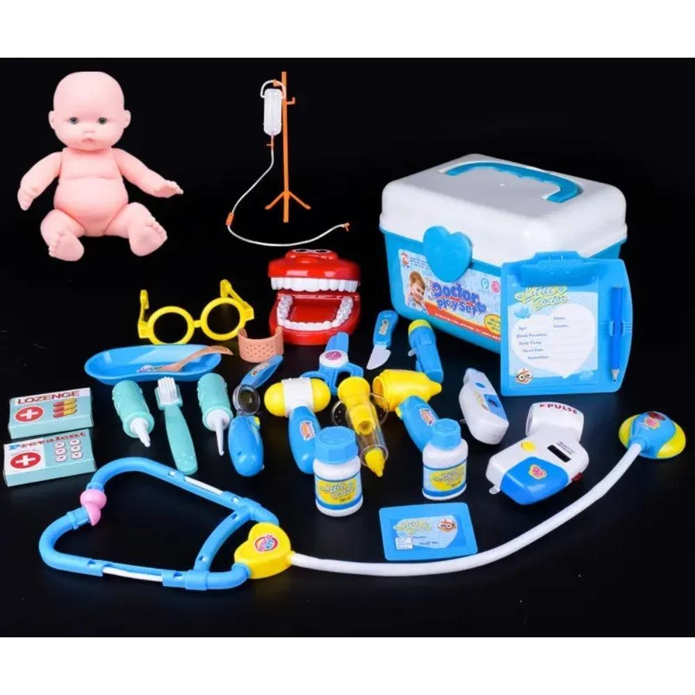[Funny] 27Pcs Kids Toys Doctor Set Baby Suitcases Medical Kit Cosplay Dentist Nurse Simulation Medicine Box Sound & Light Props