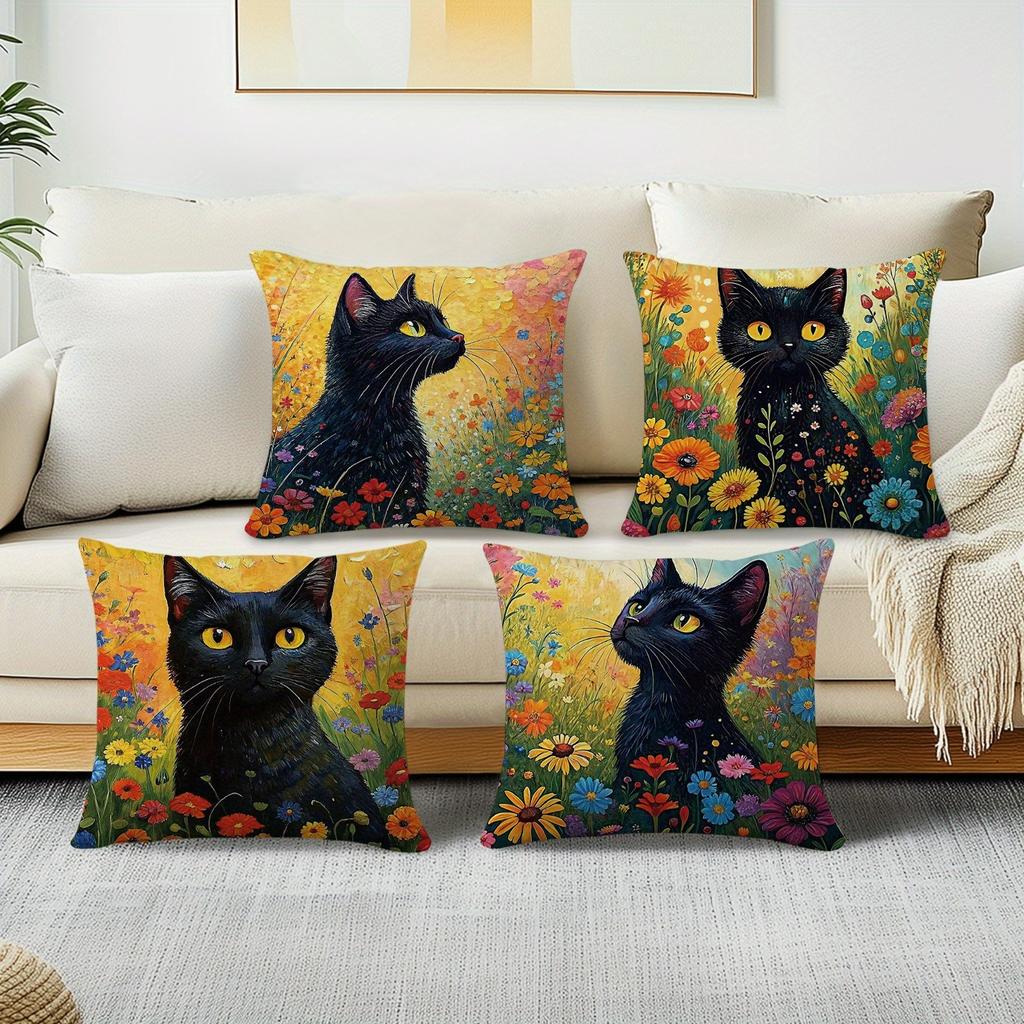 Artistic Black Cat - Floral Oil - Painting Pillow CoversLiving Room Sofa Cushion Cover, Soft and Comfortable, Room Decoration