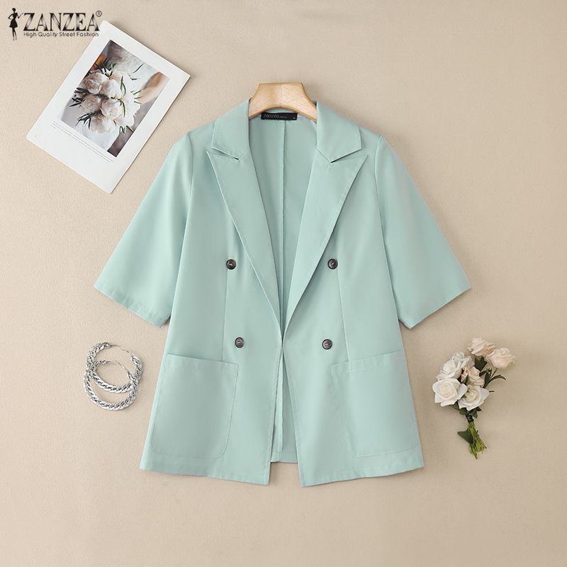 ZANZEA Women Casual Turn Down Collar Loose 3/4 Sleeve Thin Cardigan Blazer