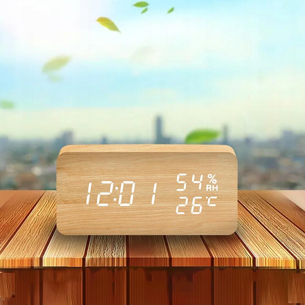 Wooden Alarm Clock With Thermometer And Clapper, Usb Or Batteries Operated