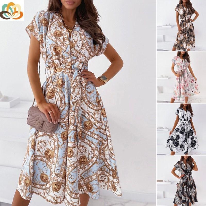 

BG женское повседневное модное платье с v-образным вырезом и принтом, на шнуровке, на пуговицах, с коротким рукавом и карманом