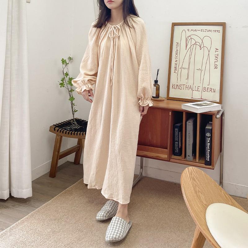 Cotton Nightgown Long Sleeve Loose Fit Sleep Dress Women Home Wear Floral Print Comfortable Lounge