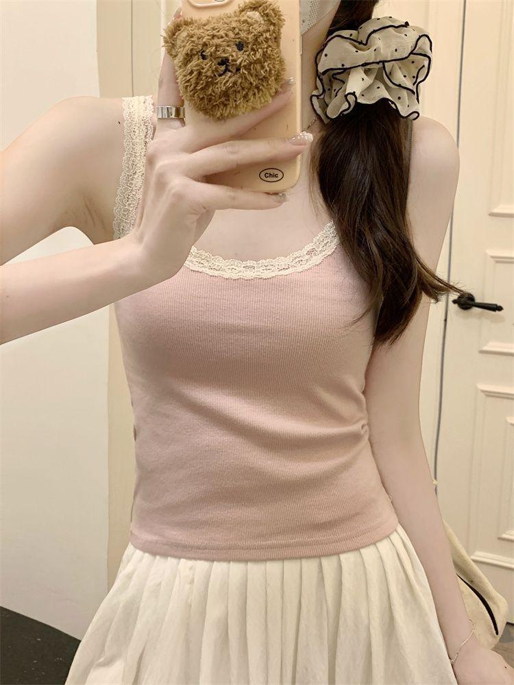 U-neck lace small suspender vest women's summer new slim-fit short sleeveless outer wear bottom and inner top