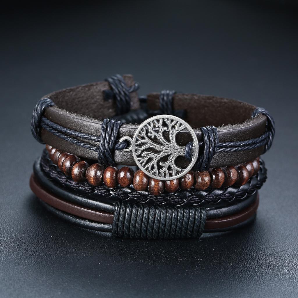4pcs Braided Leather Bracelets For Men Vintage Life Tree Charm Wood Beads Ethnic Wristband Gift For Dad Boyfriend