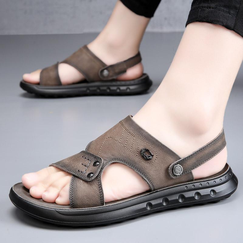 New Summer Genuine Leather Men Sandals Black Khaki Outdoor Casual Sandals Cowhide Beach Shoes Two Uses Men's Sandals Slippers