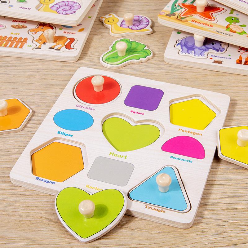 Wooden Puzzles Montessori Baby Toys Cartoon Animal Fruit Traffic Hand Grab Boards Cognition Jigsaw Puzzle Kids Educational Games