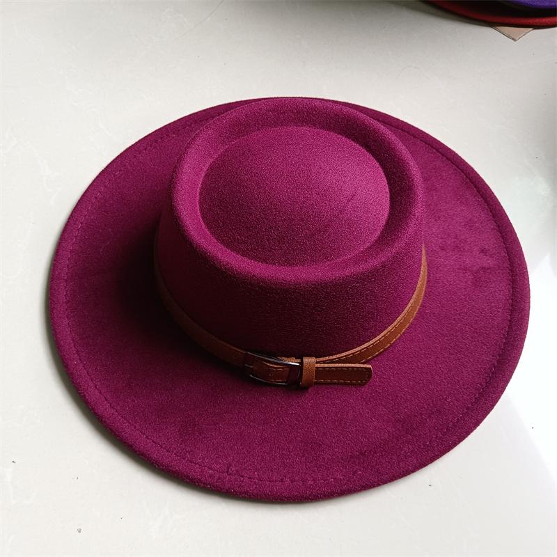 2026 Fedora Hat Winter Round Convex Flat Top Belt Accessories Rose Red Felt Jazz Hat for Men and Women Fedora Gorras
