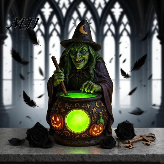 Accesorio de Decoración para Dormitorio Lámpara de Caldero de Bruja de Halloween con Brillo Verde Misterioso Luz LED para Paisaje Adorno Único Grabado Olla de Pociones Espeluznante para Sala de Estar