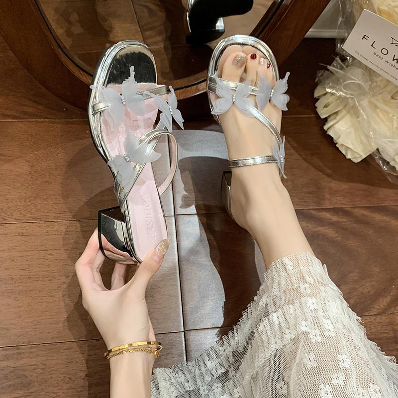 Fashion Butterfly Square Toe Women Slippers Summer Open Toe Shoes Woman Heeled Sandals 2025 Trend New Dress Pumps Shallow Chunky Slides