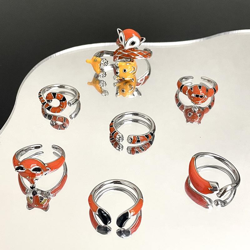 Cartoon Niedlich Fuchs Tiger Offener Ring Set Tropfender Emaille Personalisierter Mode High-End Schmuck Damen