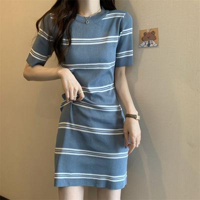 Contrast Short Sleeve Striped Knitted Dress for Women Summer French Retro Temperament Chic Slim Bodycon Mini Dress
