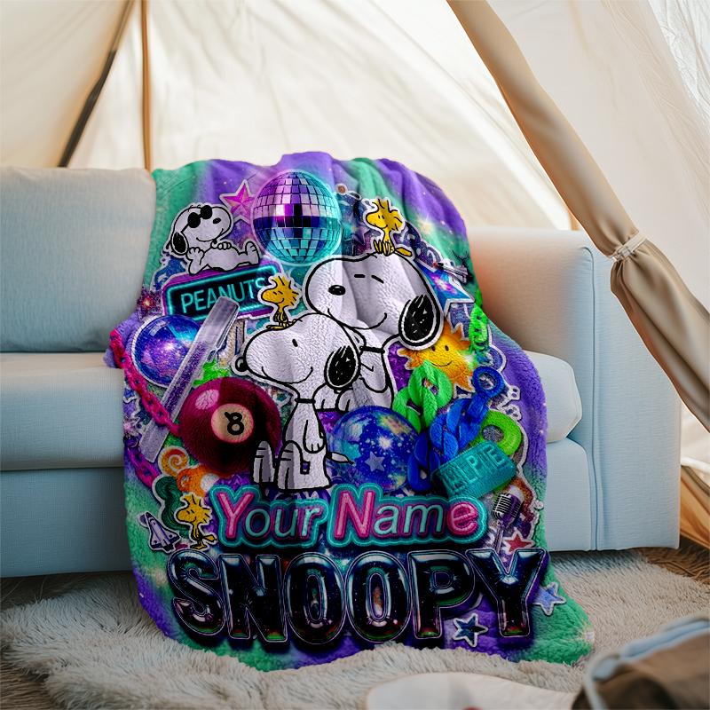 Custom Name Snoopy Flannel Fleece Blanket Cozy Warm Throw Blanket For Couch Bed Travel All Season Use