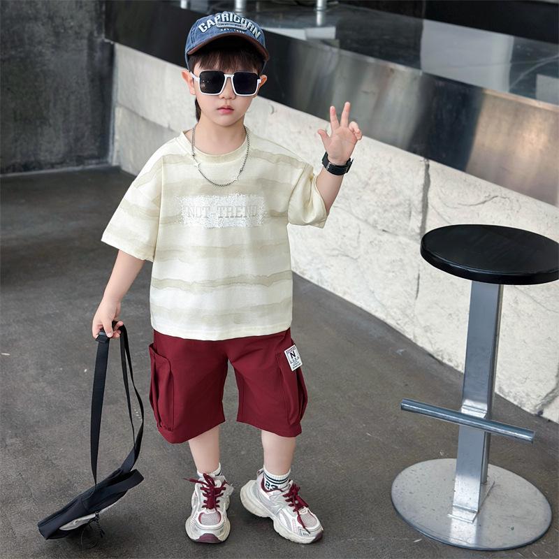Children's Handsome Summer 2026 Casual Letter Stripe Short Sleeve Two-Piece Set