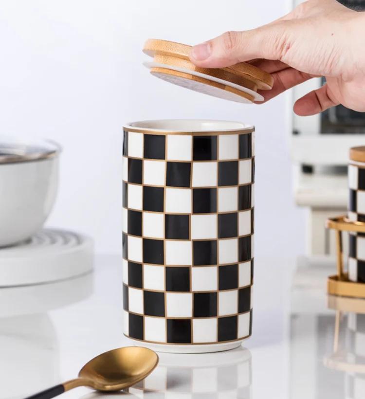 Kitchen Organizer and Storage Container, Ceramic Storage Jar, Wooden Lid, Sealed Jar, Food Storage Containers, Metal Rack