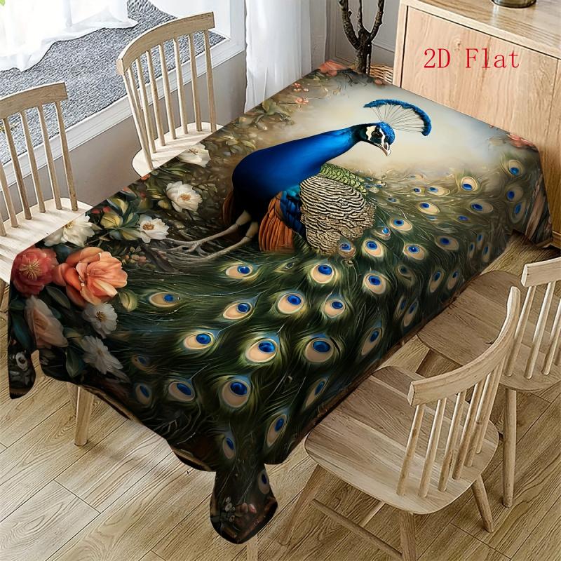 2D Flat 1pc - Gorgeous Peacock Feather Tablecloth - Rectangular Polyester Material, Decorated with Colorful Feathers And Floral Patterns, Durable Mach