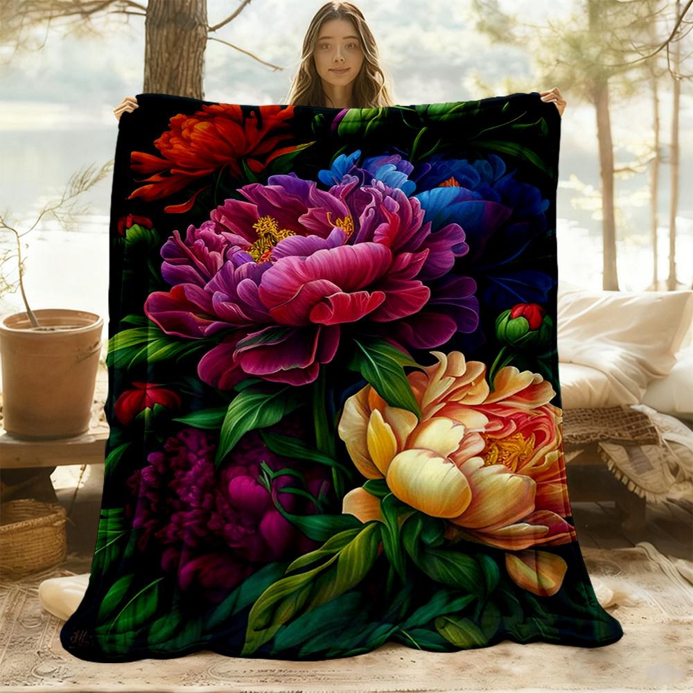 1pc Peonies, Floral Flannel Blanket, Comfortable and Warm Blanket, for Camping Sofa Bed and Couch Office048