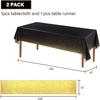 Black and Gold Tablecloth and Sequin Table Runner Set Polka Dots Confetti Table Cover Dining Plastic Tablecloths Glitter Decorations