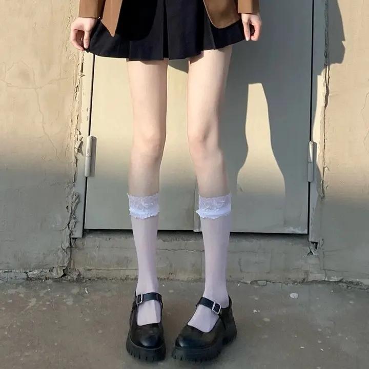 Lolita Summer Nylon Floral Lace Trim Calf Socks Ultra-Thin Transparent Sheer Knee High Socks Jk Girl Women Long Kawaii Stockings
