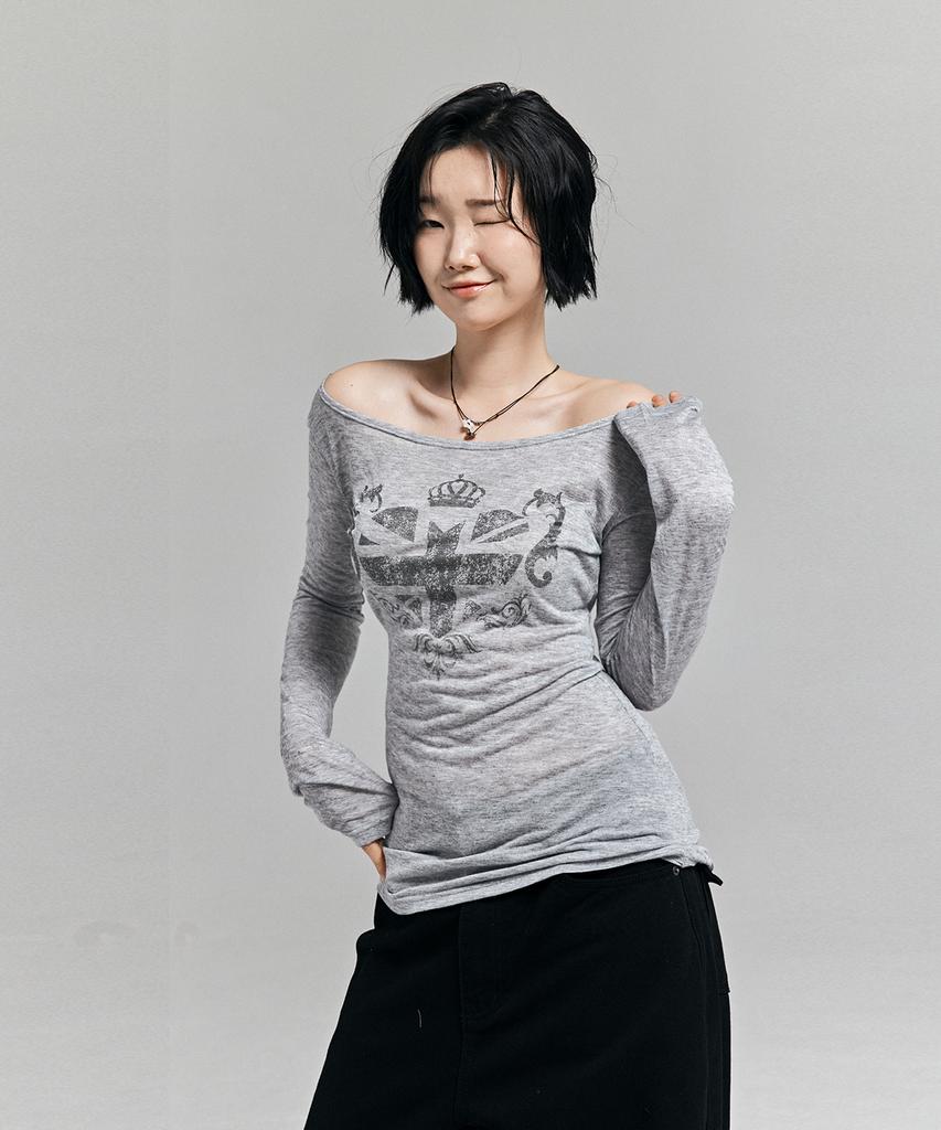 AWESOME STUDIO See-Through Union Jack Long Sleeve T-Shirt Melange Grey