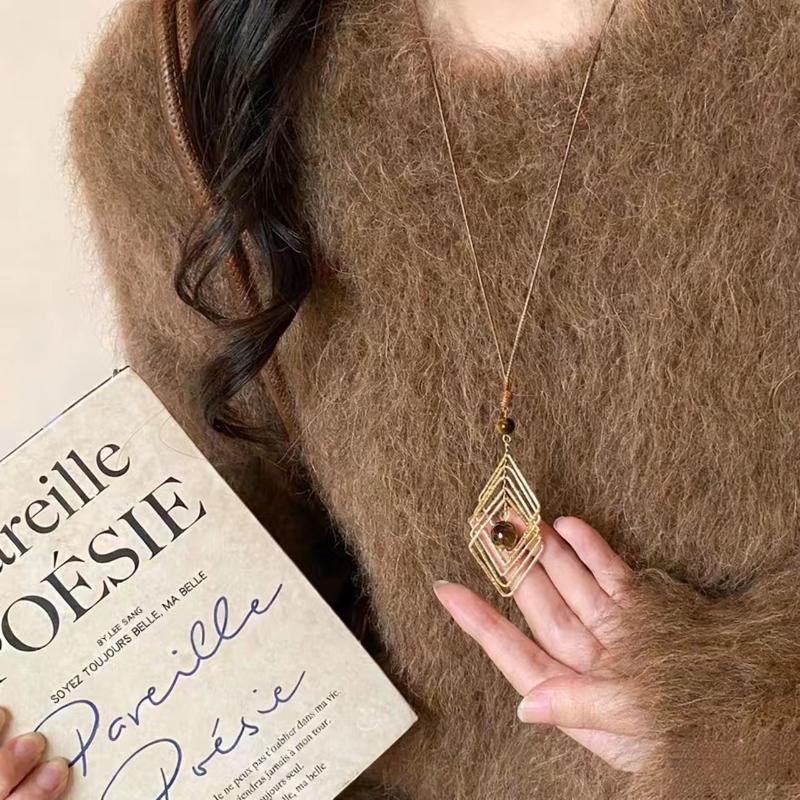 Vintage Brown Tiger Eye Stone Pendant Necklace For Women Fashion Long Rope Sweater Chain Necklaces
