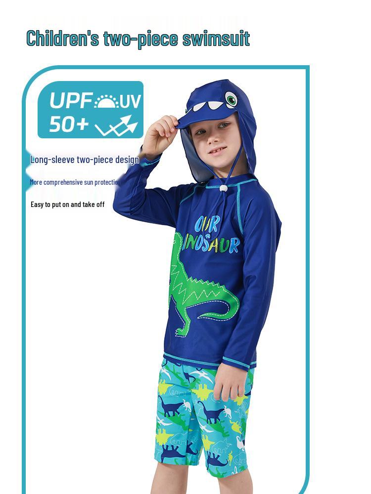 Costume da bagno due pezzi a maniche lunghe per bambini con dinosauri - Verde, Asciugatura rapida, Protezione solare per neonati e bambini piccoli