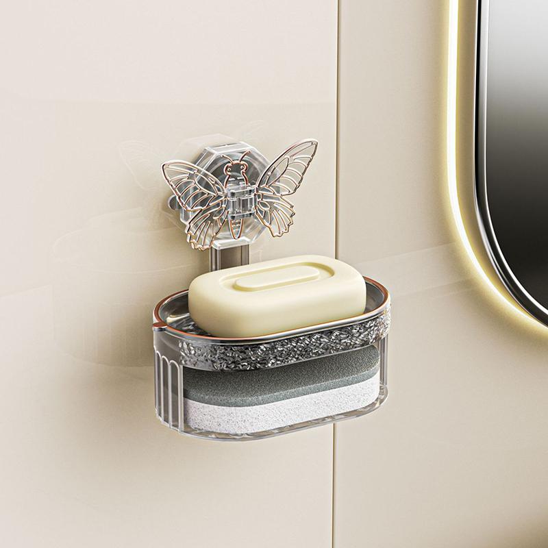 Bathroom Suction Cup Soap Holder Butterfly Design Double Layer Soap Box Drainage Water No Drilling Soap Storage Shelf