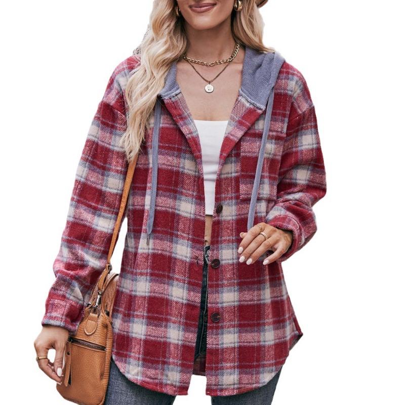Women Oversized Plaid Flannel Hooded Long Sleeve Casual Shirt Jacket