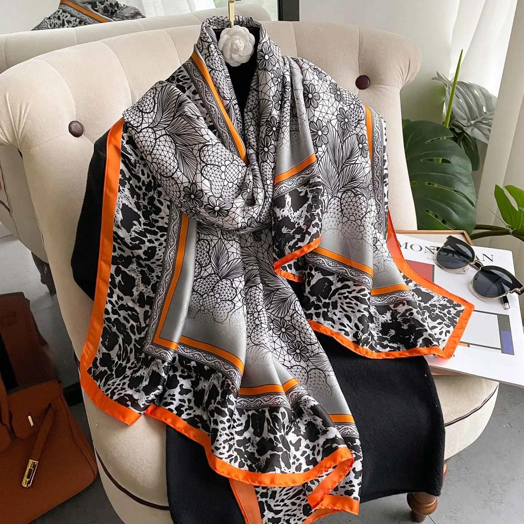 New 90*180CM Fashion Luxury Lady Print Design Shawl Soft Satin Silk Scarf Shawl Versatile Women Long Silk Scarves