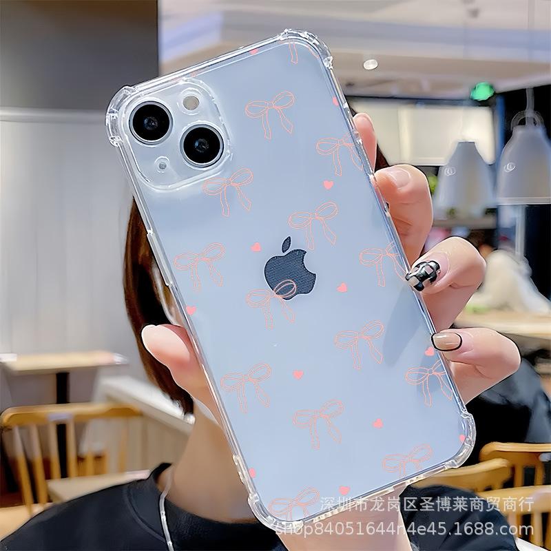 Pink bow is suitable for Apple 17 all-inclusive iPhone15promax transparent 12 four corners anti-drop 17 mobile phone case 13