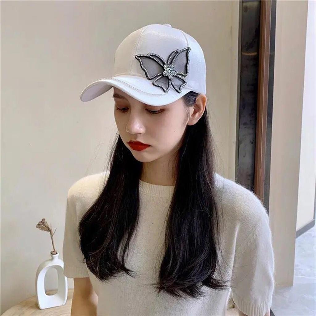 Fashion Women Rhinestone Butterfly Baseball Hat, Shiny Satin Sun Cap with Crystal Brim Decoration, Adjustable Elegant Casual Peaked Visor Hat