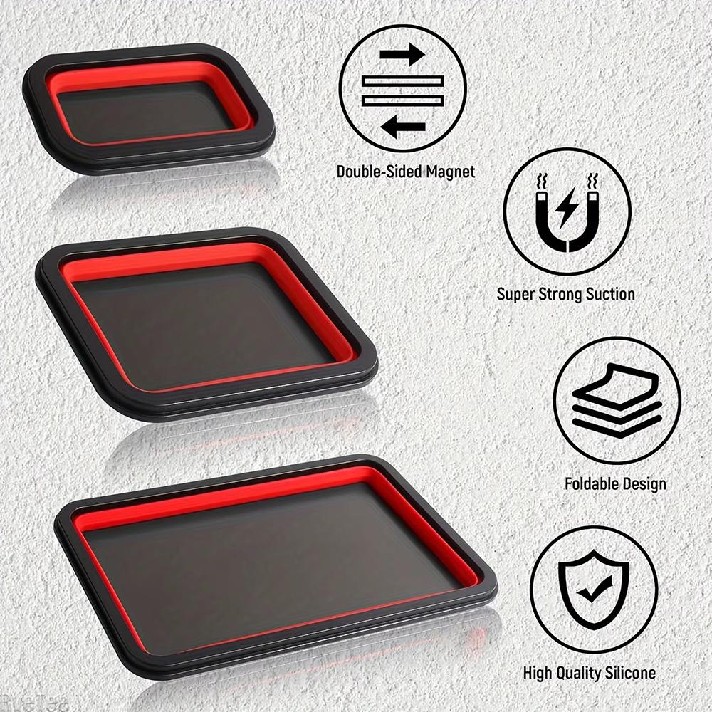 3pcs Collapsible Magnetic Parts Tray Set Flexible Silicone Tool Bowl Dish Strong Magnet Screw Nut Bolt Holder For Auto Repair