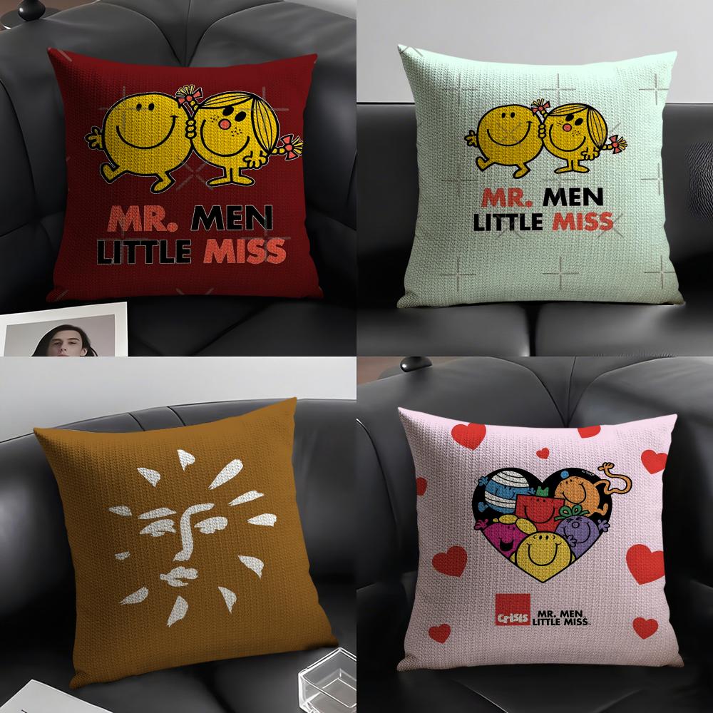 Classic Reto Cartoon M-Mr. Men And Little Miss 2 Pillow Case Natural Linen Double-Sided Printing Sofa Home Decor Cushion Cover
