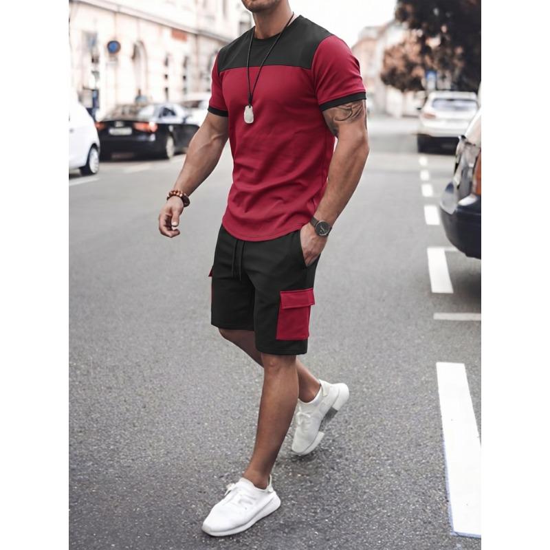 Męski casualowy zestaw T-shirt z blokami kolorów i spodenki cargo