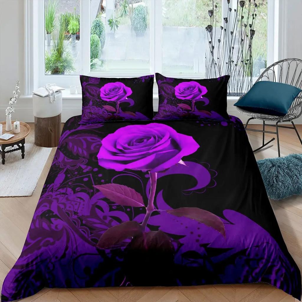Purple Rose King Queen Duvet Cover Beautiful Butterflies Flowers Bedding Set For Teen Adults Floral 2/3Pcs Polyester Quilt Cover