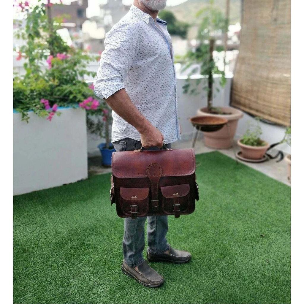 Bag Laptop Leather Messenger Genuine Vintage Briefcase'' Shoulder Men Brown