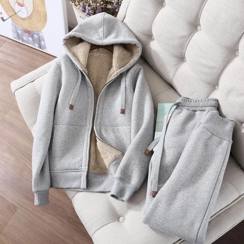 Winter Sports Set for Women Thicken Fleece Sweatshirts Hoodies Women Suit Casual Sports Sets Female Short Coat Straight Pants Two Pieces Sets