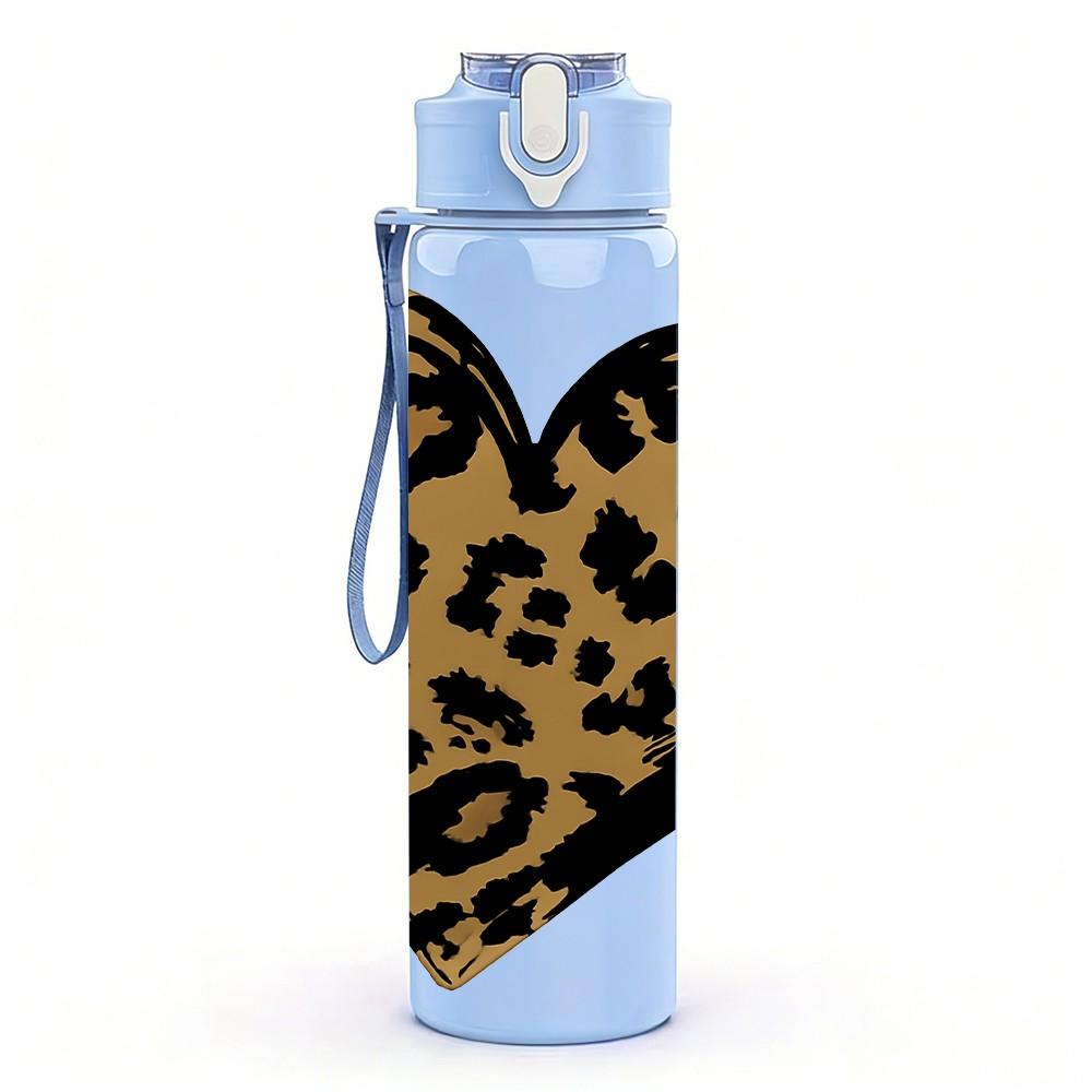 1PC Leopard Texture Heart Shape Print 750ml Color Plastic Sports Water Bottle Leakproof Flip Straw Lid Suitable for Sports Office Home Use