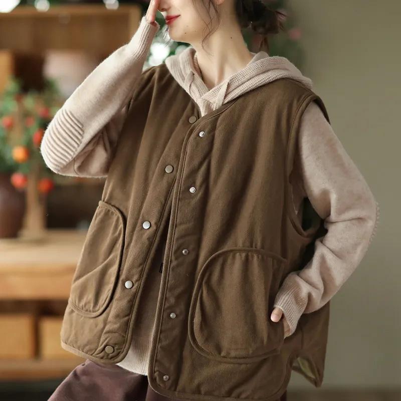 Cotton Vest Women Two Sides Wear Thickened Fall and Winter Retro Warm Comfortable Casual Sleeveless Tops