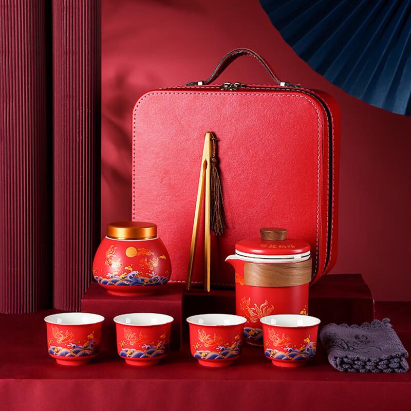OIMG Portable Ceramic Kung Fu Tea Set with Koi Teapot